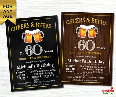 60th Birthday Invitation For Men Cheers and Beers to 60 Beer Birthday Invitations, Birthday Invitation For Men, Cheers And Beers To 40 Years, Beer Invitation, Beer Birthday Party, Surprise 30th Birthday, Surprise Birthday Invitations, 60th Birthday Invitations, 30th Birthday Invitations