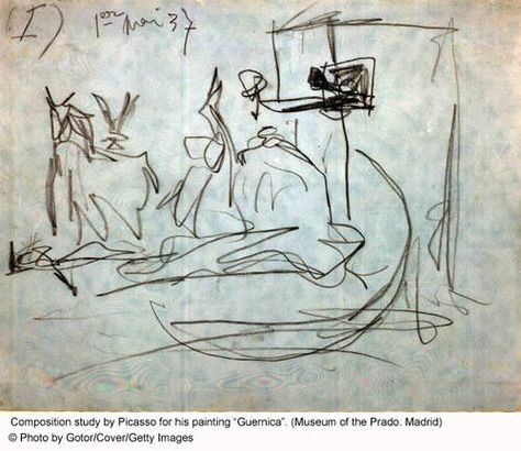 A Sketch by Picasso for his famous painting "Guernica" Guernica Painting, Paintings By Famous Artists, Picasso Sketches, Picasso Drawing, Cubist Movement, Artist Sketches, Spanish Painters, Famous Paintings, Arts Ed