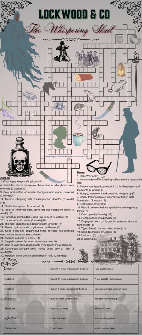 Lockwood & Co by Jonathan Stroud, Book 2: The Whispering Skull Crossword puzzle! How well do you know the book? #LockwoodandCo #SaveLockwoodandCo Answer Key and Printer Friendly version found in the Quizes and Puzzle board Jonathan Stroud, Lockwood And Co, Puzzle Board, Crossword Puzzle, Avatar The Last Airbender, The Last Airbender, The Row, Printer, Fan Art