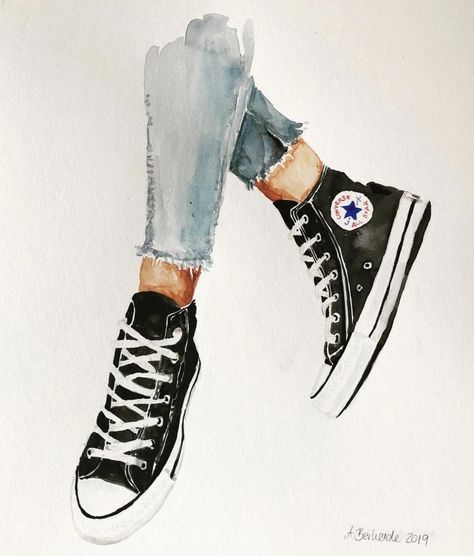 Converse Watercolor, Painting Of Shoes, Converse Illustration, Shoe Drawings, Blue Marble Wallpaper, Custom T Shirt Printing, Gouache Art, Illustration Fashion Design, Shoe Art