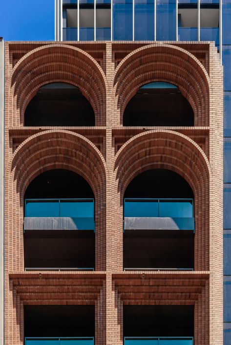 Brick arches are topped by glass tower at Arc by Koichi Takada Architects Koichi Takada, Facade Engineering, Brick Archway, World Architecture Festival, Brick Material, Brick Detail, Brick Arch, Brick Masonry, Brick Architecture