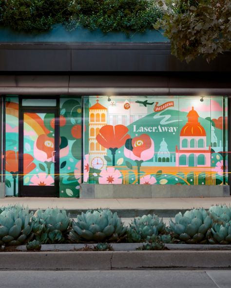 New storefront window mural for @laseraway located in Pasadena 🌞 🌸 Swipe to see the long exposure photo before sun came out. >> This is my first time doing a window mural and loved working on it. I will try to post a photo with a closer look 👀 so you can see the details ✨ Manifesting more fun mural installations 🤞 📍415 S Lake Ave Pasadena, CA (outside of Macy’s) ✏️Designed in @_adobeillustrator_ . . . #mural #muralart #muralartist #muralartists #losangelesmurals #muralpainting #mur... Fun Mural, Exterior Murals, Window Mural, Long Exposure Photos, Window Graphics, Store Window, Window Painting, Working On It, Mural Painting