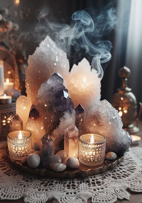 Mineral Stone Decor, Witchy Space Aesthetic, Crystal Aethstetic, Decor With Crystals And Stones, Witchy Vibe Room, Witchy Candle Aesthetic, Mediation Room Aesthetic, Witchy Massage Room, Crystal Alter Aesthetic