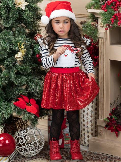 Cute Winter Skirt, Sequin Hat, Face Embroidery, Elastic Waistband Skirt, Photos Winter, Matching Costumes, Girls Christmas Outfits, Santa Claus Is Coming To Town, Christmas Party Outfits