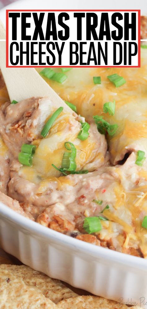 Cheesy Texas Trash Dip - BubbaPie Loaded Bean Dip, Texas Bean Dip, Cheesy Refried Bean Dip, Cheesy Refried Beans, Cream Cheese Refried Bean Dip, Homemade Bean Dip Recipes, Refried Bean Dip With Sour Cream, Refried Beans Cream Cheese Dip, Dips With Refried Beans