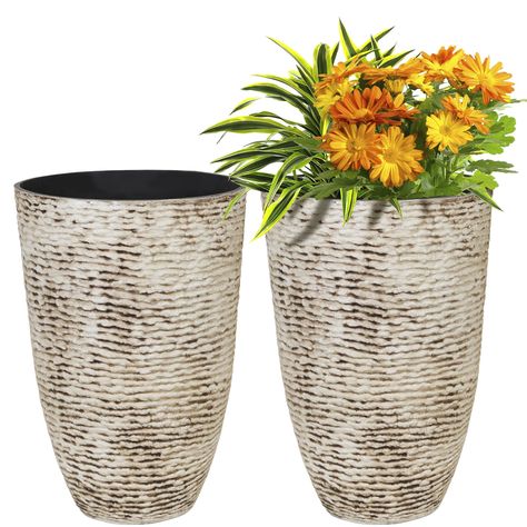 PRICES MAY VARY. UNIQUE DESIGN: These tall planter feature a gently tapered design and textured finish. They are narrow and tall and will not take up a lot of room. These containers have beautiful, realistic "stone" looking. They are an accent in themselves and even more so when brimming with brilliantly colored flowers and green plants. DURABLE AND LIGHTWEIGHT: Our PP tall planters are made with a high-grade plastic that are durable and lightweight. They Look like stone but much easier to move Pot Plants Outdoor Patio, Front Porch Planters, Plastic Planter, Porch Planters, Potted Plants Outdoor, Tall Planters, Plastic Planters, Colored Flowers, Large Planters