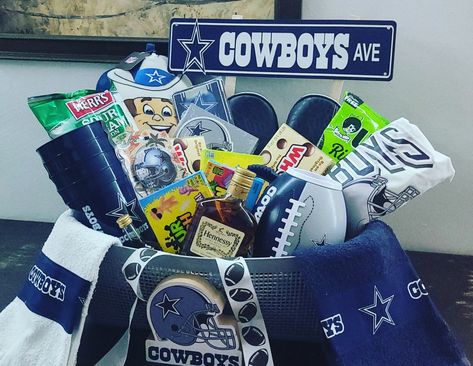 Various nfl dallas cowboy items, like cups, towels, snacks, and other gifts Dallas Cowboys Gift Basket, Client Gift Baskets, Cowboys Gifts, Dallas Cowboys Gifts, Dallas Cowboy, Dallas Cowboys Fans, Diy Gift Baskets, Cowboy Birthday, Nfl Dallas Cowboys