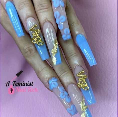 Blue Virgo Nails, Blue Virgo Birthday Nails, Virgo Birthday Nails Long, 21st Birthday Nails Virgo, Birthday Nail Set Ideas Virgo, Virgo Inspired Nails, Virgo Nail Art, Virgo Nails Acrylic, Zodiac Sign Nails