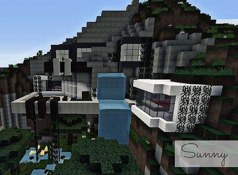 Corner Mountain House Minecraft, Minecraft Modern Mountain House, Minecraft Hillside House, Minecraft Environment, Retro Minecraft, Minecraft Mountain House, Minecraft Mountain, Mountain Project, Minecraft W