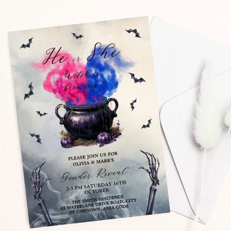 Halloween Baby Gender Reveal, Gender Reveal Halloween, Witches Caldron, Invitations Halloween, Halloween Gender Reveal, Gender Reveal Unique, Witches Cauldron, Baby Gender Reveal Party, Gender Reveal Invitations