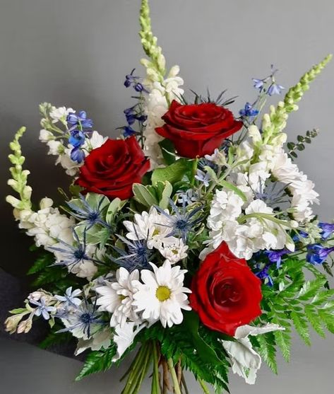 Red White And Blue Wedding Bouquets, Blue And Red Flower Bouquet, Red White Blue Bouquet, Red And Blue Flower Arrangements, Blue And Red Wedding Flowers, Red White And Blue Wedding Flowers, Red White And Blue Flower Arrangements, Red Blue Bouquet, Red And Blue Bouquet