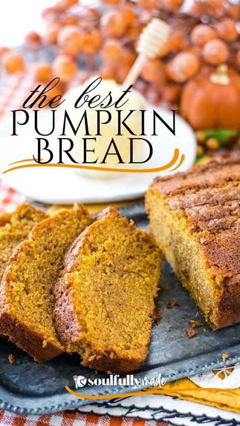 A serving tray holds a loaf of the pumpkin bread that is partially sliced. There are fall decorations in the distance. Pumpkin Bread Easy Recipes, Pumpkin Spice Quick Bread, Pumpkin Spice Bread Recipe, Pumpkin Bread Recipe Moist, Spiced Pumpkin Bread, Easy Pumpkin Bread Recipe, Fall Bread Recipes, Carrot Bread Recipe, The Best Pumpkin Bread