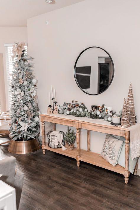 Christmas Village Entry Table, Christmas Decor For Console Table, Christmas Entry Way Table Decor Ideas, Christmas Entryway Decor Table, Foyer Table Christmas Decor, Entryway Christmas Decor Entry Tables, Christmas Sofa Table Decor, Entrance Table Christmas Decor, Foyer Christmas Decor Entryway