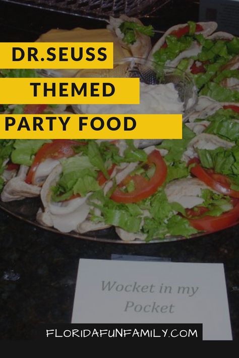 Dr. Seuss themed party food ideas. Dr Seuss Party Food Ideas, Dr Seuss Food Ideas, Dr Seuss Birthday Party Ideas Food, Dr Seuss Food, Themed Party Food Ideas, Dr Seuss Inspired Snacks, Dr Seuss Cheese Sticks, Pocket Sandwiches, Seussical The Musical