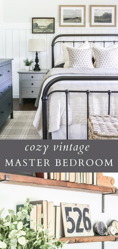 Masterbedroom Farmhouse Ideas, Vintage Master Bed, Cottage Core Bedroom Inspirations, Farmhouse Industrial Bedroom, Cozy Vintage Bedroom, Attic Suite, Builder Upgrades, Master Bedrooms Decor Cozy, Bedroom Revamp