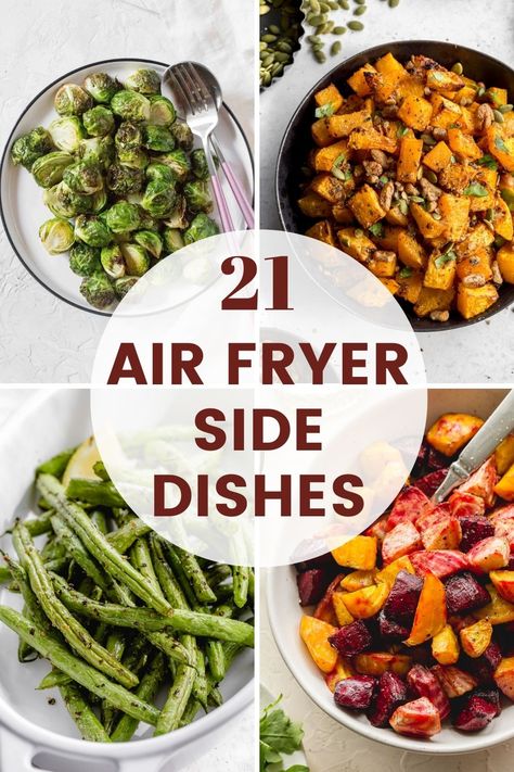 Collage of four images of air fryer vegetable side dishes. Side Pork, Air Fryer Side Dishes, Weeknight Dinners Easy, Side Dishes For Dinner, Dishes For Dinner, Air Fryer Baked Potato, Dinners Easy, Dishes To Make, Potatoes And Carrots