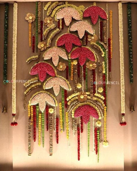 Intricately made Floral work with traditional brass items... Decor @colourpencildecor Follow www.decorsutrablog.com for Ideas about Indian Wedding Decor Email your original pictures to @decorsutrablog@gmail.com to get featured. #wedmegood #weddingsutra #shaadisaga #shaadimagic #weddingz #WeddingInspiration #decoration #weddinginspo #instawedding #weddingflowers #haldiceremony #weddingreception #traditionalwedding #engagementdecor #weddingdetails #indianweddings #shaadi #dreamwedding #northin Flower Decoration For Ganpati, Home Flower Decor, Indian Wedding Decor, Wedding Decor Photos, Wedding Background Decoration, Decoration For Ganpati, Housewarming Decorations, Wedding Stage Design, Personalized Wedding Decor