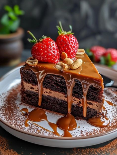 🍫 🍓  Chocolate cake with caramel, strawberry and peanut  topping 🍫 🍓    Ingredients ❤️  For the chocolate cake: - 1 and 3/4 cups all-purpose flour - 3/4 cup cocoa powder - 2 cups granulated sugar - 1 and 1/2 teaspoons baking powder - 1 and 1/2 teaspoons baking soda - 1 teaspoon salt - 2 large eggs - 1 cup whole milk - 1/2 cup vegetable oil - 2 teaspoons vanilla extract - 1 cup boiling water Chocolate Cake With Caramel, Caramel Dessert Recipes, Chocolate Caramel Cake, Cake With Caramel, Caramel Desserts, Special Desserts, Delicious Cake Recipes, Sweet Delights, Baking Sweets