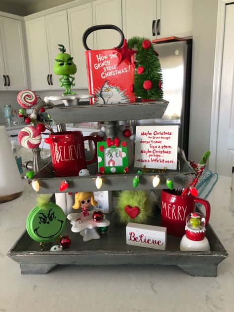 Grinch Tiered Tray Ideas, Diy Grinch Tiered Tray, Grinch Tiered Tray, Grinch Tiered Tray Decor, Grinch Sofa Table Decro For Christmas, Christmas Gnome Tiered Tray Decor, Christmas Tree Farm Tiered Tray, Three Tier Tray, Grinch Christmas Party