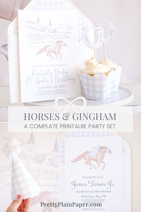 Off Two The Races Birthday Horse Boy, Horse Races Birthday Party, Derby First Birthday Party, Kentucky Derby Baby Shower Ideas, Blue Gingham Party, Kentucky Derby Birthday Party, Kentucky Derby Birthday, Kentucky Derby Invitations, Horse Racing Party