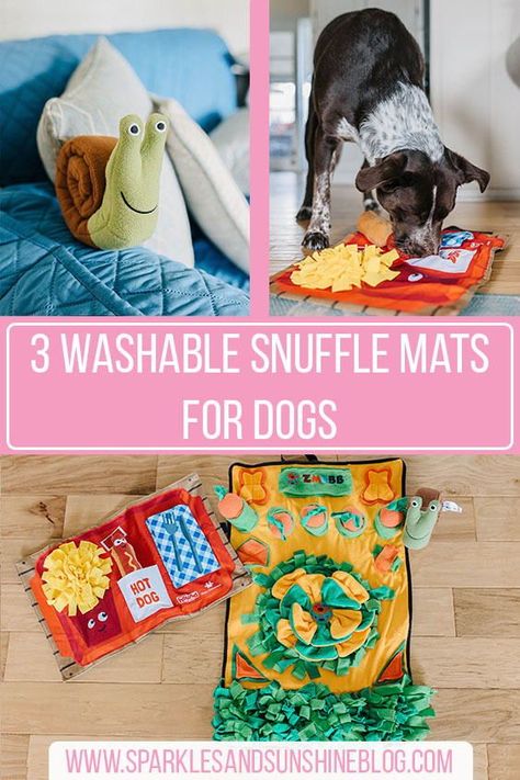 Does your dog eat too fast? Do you need something to prevent a bored dog? Try a dog snuffle mat! I love using dog sniffing mats as a slow feeder dog bowl and canine enrichment activity! Snuffle toys for dogs encourage your dog to use their nose to sniff out food or treats hidden within the dog snuffle rug, providing sensory and cognitive enrichment for your dog! Learn more about 3 awesome washable snuffle mats for dogs and other dog enrichment ideas on my dog mom blog! Snuffle Mats For Dogs Diy Washable, Diy Dog Sniff Toy, How To Make A Snuffle Mat For Dogs, Snuffle Mat Diy, Diy Snuffle Mat For Dogs, Dog Enrichment Ideas, Dog Snuffle Mat, Dog Sniffing, Snuffle Mat For Dogs