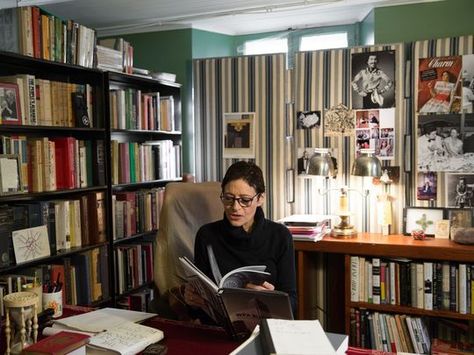 Author Joan Juliet  Buck in her office at the Rhinebeck Joan Juliet Buck, Writers Home, Writer's Office, Paris Vogue, Her Office, Black Books, Decorating Coffee Tables, Hudson Valley, Public Library