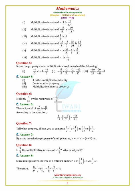 NCERT Solutions for Class 8 Maths Chapter 1 Rational Numbers in PDF Properties Of Rational Numbers, Adding Rational Numbers, Commutative Property, Integer Operations, High School Curriculum, Natural Number, Learning Mathematics, Rational Numbers, Hindi And English