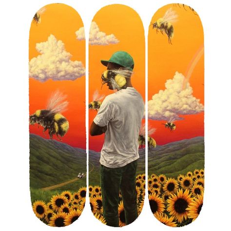 Tyler the creators album cover flower boy on the deck of 3 skateboards Tyler The Creator Skateboard, Deck Wall Decor, Tyler The Creator Flower Boy, Tyler The Creator Flower, Flower Boy (album), Deck Wall, Skateboard Deck Art, Flower Boy, Art Album