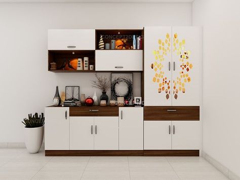 Concept2Designs on Instagram: “Go trendy with this trendy crockery cum pooja unit showcase that also keeps the space tidy. There is nothing that makes the space look…” Crockery With Pooja, Cabinet For Crockery, Crockery Unit Ideas, Dining Crockery, Dinning Room Cabinet, Crockery Units, Puja Unit, Crockery Cabinet Design, Pooja Unit