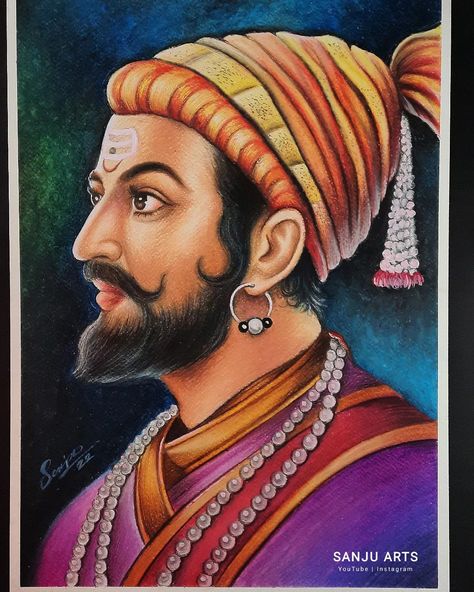 Oil Pastel God Drawings, Sanju Arts Drawing, Oil Pastel Drawings Portraits, Oil Painting On Canvas Portrait, Shivaji Maharaj Painting Canvas, Shivaji Maharaj Portrait, Chatrapati Shivaji Maharaj Drawing, Oil Pastel Art Portrait, Shivaji Maharaj Drawing