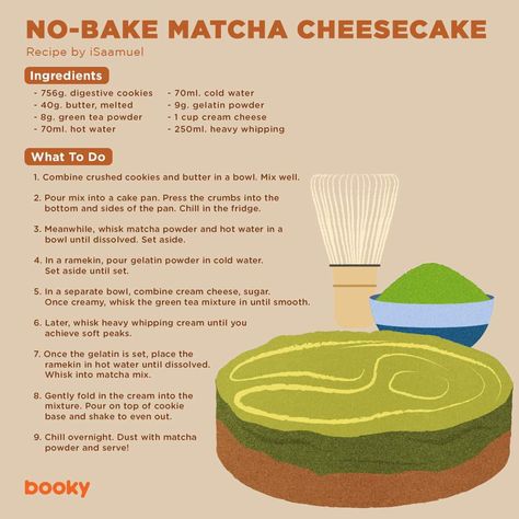 Matcha Cheesecake Recipe, Homemade Recipe Books, Matcha Cheesecake, Homemade Cookbook, Recipe Drawing, Food Infographic, Sweet Dishes Recipes, Tasty Baking, Sweet Snacks Recipes