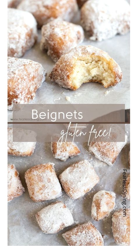 If you haven't tried making gluten free beignets yet, you are in for a special treat. These fried beignets are light and fluffy with a delicious powdered sugar crispy outside. They taste like they came from New Orleans. Dairy-free option! fearlessdining Gluten Free Beignets Recipe, New Orleans Gluten Free, Vegan Beignets, Gluten Free Begniets, Gluten Free New Orleans, Gluten Free Beignets, Gluten Free Churros, Easy Churros Recipe, Beignet Recipe