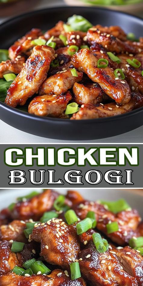 Spice up your dinner with this Korean Chicken Bulgogi! 🍗🇰🇷 Marinated in a sweet and savory sauce, this dish is full of bold flavors and perfect for grilling or stir-frying. Serve it over steamed rice for an authentic Korean experience. 🌶️🍚 #ChickenBulgogi #KoreanBBQ #AsianCuisine Healthy Dinner Recipes Korean, Korean Chicken Bulgogi Recipe, Korean Chicken Marinade, Korean Chicken Bulgogi, Korean Dishes Recipes, Korean Recipes Authentic, Easy Korean Chicken, Fancy Chicken Recipes, Chicken Bulgogi Recipe