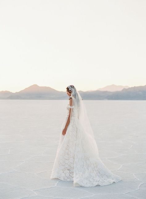 Salt Flats Bridal Inspiration with Oscar de la Renta and Berta Dresses Berta Dress, Simple Bridal Dresses, Bride Flats, African Gowns, Bolivia Salt Flats, Shot On Film, Salt Flats, Beautiful Wedding Gowns, Lake Wedding