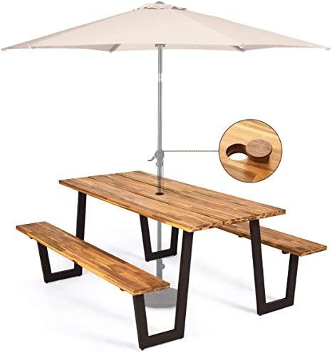 HAPPYGRILL Outdoor Picnic Table Bench Set with Wooden Top & Steel Frame, Patio Dining Picnic Table Set with Umbrella Hole for Garden Backyard Wood Outdoor Dining Table, Picnic Table With Umbrella, Outdoor Dining Table Setting, Beer Table, Picnic Table Bench, Wooden Picnic Tables, Table And Bench Set, Table Bench, Bench Set