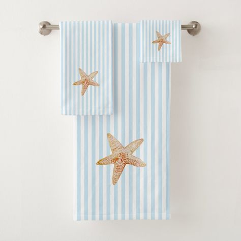 Coastal Bathroom Lighting, Coastal Towels, Teal Accessories, Starfish Painting, Blue Seashell, Striped Bath Towels, Coastal Bathrooms, Painting Blue, Blue Towels