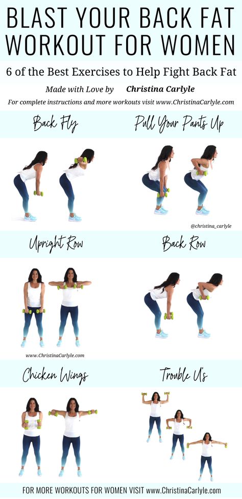 The best back Exercises with dumbbells for women that really work. Together these back exercises make a quick and easy Workout you can do at home or the gym. It's perfect for beginners and busy women that want to get rid of back fat. https://christinacarlyle.com/back-exercises-dumbbells-women/ Exercises With Dumbbells, Good Back Workouts, Workout Man, Back Fat Workout, Workout Bauch, Workout For Women, Fat Workout, Back Fat, At Home Workout Plan