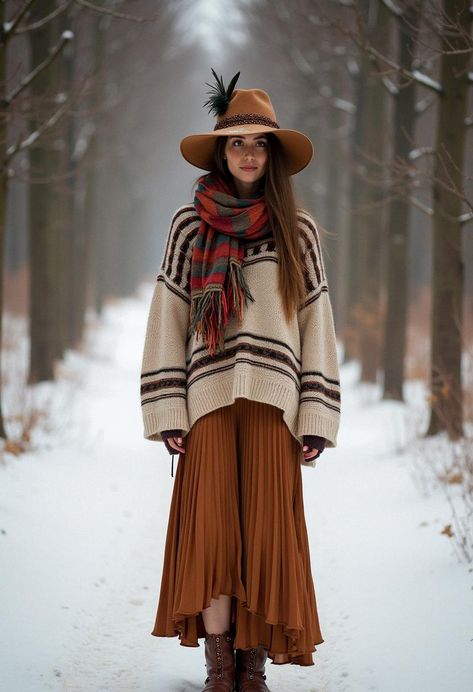 winter outfit boho Blanket Skirt Outfit, Flowy Winter Outfit, Flowy Pants Outfit Winter, Hippie Fashion Aesthetic, Winter Boho Outfits, Flowy Pants Outfit, Blanket Skirt, Boho Fashion Winter, Boho Winter Outfits