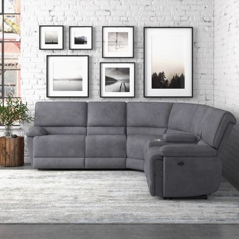 Euclid 3 - Piece Upholstered Power Reclining Sectional Recliner Sectional, Grey Recliner, Grey Sectional, L Shaped Couch, Pillow Arrangement, Corner Sectional, Power Button, Reclining Sectional, Power Recliners