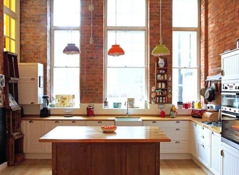 Victorian school converted to playful home with upcycled treasures Homedecoration Ideas, Victorian School, London Kitchen, Eclectic Kitchen, Decoration Tips, Industrial Interior Design, Brick Walls, Trendy Kitchen, Apartment Design