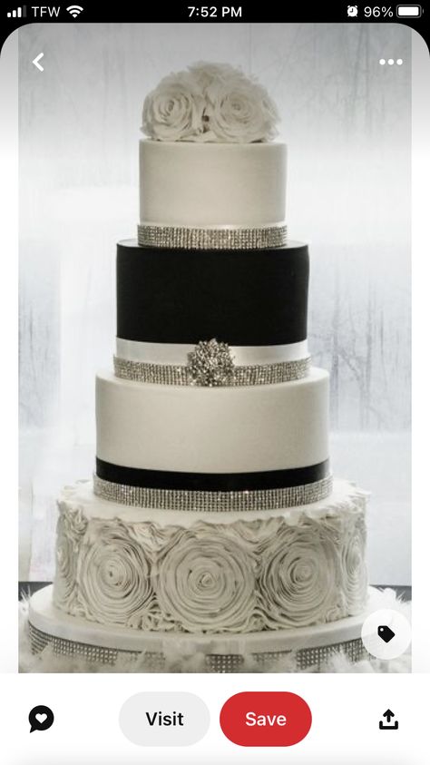 Wedding Cake Black And White, Wedding Cake Black, Cake Black And White, Wedding Cake Simple Elegant, Bling Wedding Cakes, Fancy Wedding Cakes, Ruffle Wedding Cake, Black And White Wedding Cake, Silver Wedding Cake