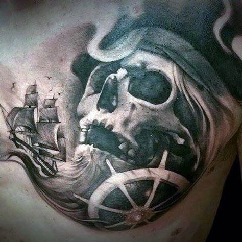 Guy's Sunken Pirate Ship Tattoo On Chest Tattoo Chest Piece, Pirate Tattoos, Pirate Skull Tattoos, Pirate Ship Tattoos, Pirate Ship Tattoo, Sailor Tattoos, Tattoo Chest, Pirate Tattoo, M Tattoos