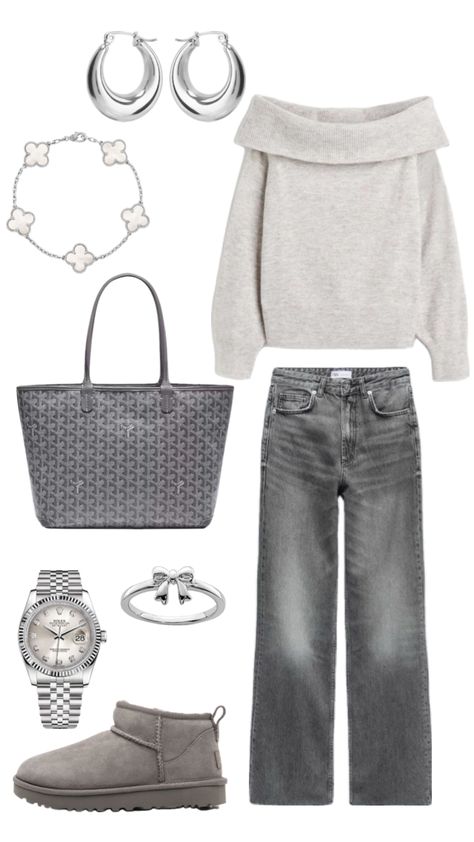 #outfitinspo #knitwear #grey #uggs #silver #goyard #vancleef #rolex Gray Uggs Outfit, Grey Uggs Outfit, Winter Style Inspiration, Uggs Outfit Winter, Grey Uggs, Silver Outfit, Trendy Outfits Inspiration, Silver Outfits, Uggs Outfit