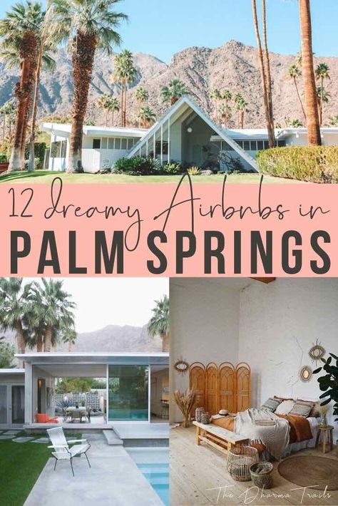 Looking for a unique Palm Springs house to stay in during your vacation? Whether you want a bohemian interior decor, midcentury style with open floor plans, or a place with a pool, we’ve found 12 dreamy places to stay. | #USA #california #palmsprings Palm Springs Inspired Bathroom, Palm Springs Aesthetic Living Room, Palm Springs Interior, Palm Springs Mid Century Modern, Palm Springs Aesthetic, Palm Springs House, Dreamy Places, Midcentury Style, California Desert