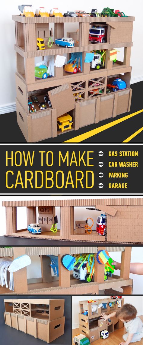 Diy Toy Car Garage, Cardboard Garage, Diy Toy Car, Functional Garage, Station Video, Easy Garage Storage, Diy Toys Car, Toy Car Garage, Toy Car Storage