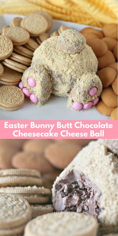 This Easter bunny butt chocolate cheesecake cheese ball turns a delicious  double chocolate cheesecake cheese ball into the cutest sweet treat ever.  With a decadently sinful chocolate cheesecake base, this Easter bunny butt cheese ball is as yummy as it is cute. #cheesecake #cheeseball #dessert #easter Bunny Cheese Ball Easter Appetizers, Easter Cheeseball, Bunny Cheese Ball, Easter Cheese Ball Recipes, Cheesecake Cheeseball, Cute Cheesecake, Chocolate Bunny Decor, Easter Cheese Ball, Dessert Cheese Ball