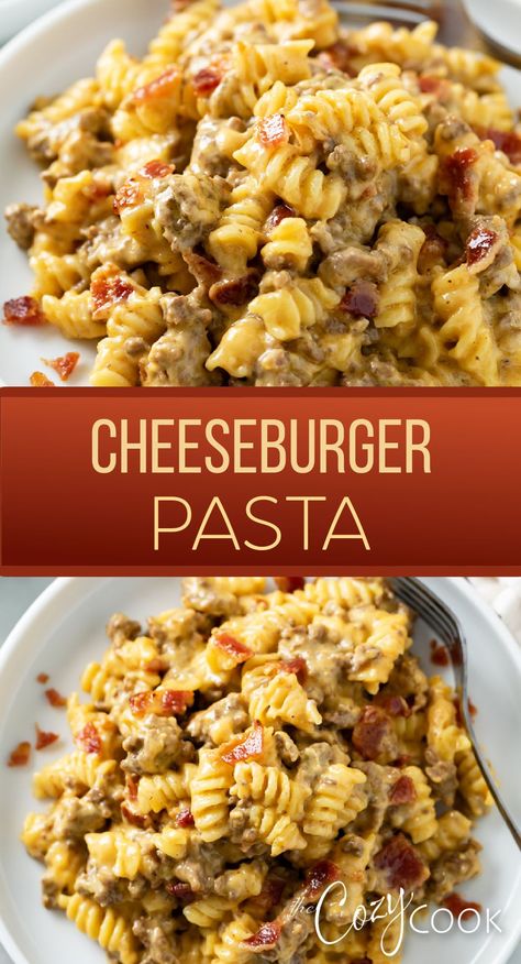 cheeseburger pasta with bits of bacon, ground beef, and cheese Weekday Meals Healthy, Field Meals, Creamy Chicken Tortilla Soup, Cozy Cook, Cheeseburger Pasta, School Meals, Cheddar Cheese Sauce, Easy Skillet, Cozy Dinner