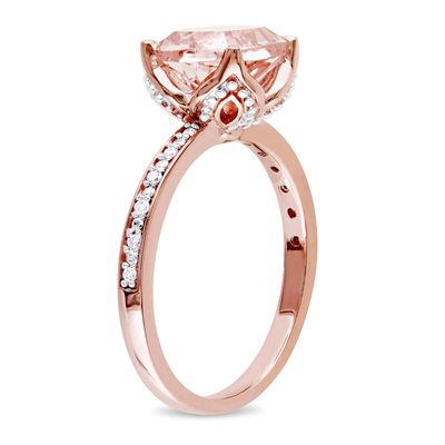 Zales: 8.0mm Cushion-Cut Morganite and Diamond Accent Engagement Ring in 10K Rose Gold Rose Gold Cocktail, Gems Ring, Rose Gold Morganite Ring, Silver Leaf Ring, Rose Gold Morganite, Morganite Diamond, Gold Diamond Wedding Band, Modern Engagement Rings, Aquamarine Engagement Ring