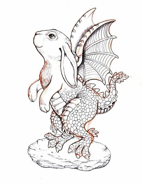 Dragon And Rabbit, Rabbit Drawing, Christmas Dragon, Rabbit Tattoos, Rabbit Illustration, Mother Tattoos, Cute Sketches, Cute Dragons, Dragon Art