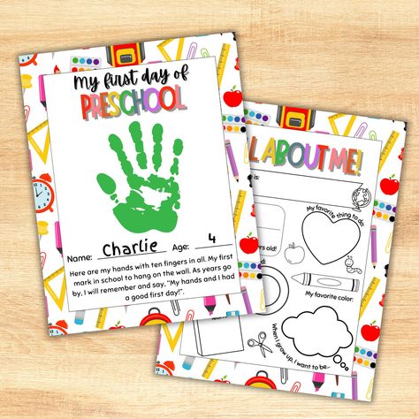 First day of school sign | Preschool printables | Handprint art keepsake | Handprint craft all about me | Preschool footprint art 1st Day Of School Sign, Handprint Poem, All About Me Printable, Handprint Keepsake, Print Stamp, All About Me Preschool, First Day Of School Sign, Footprint Art, Handprint Craft